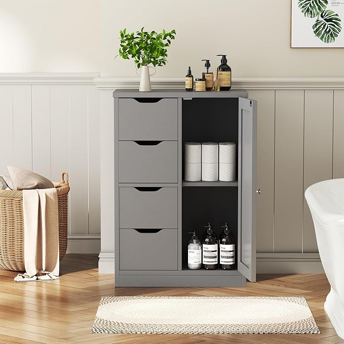 Vongrasig Bathroom Floor Storage Cabinet, Wooden Storage Organizer with 4 Drawers and 1 Door, Freestanding Pantry Cabinet with Adjustable Shelves for Bathroom, Living Room, Kitchen, Entryway, Grey