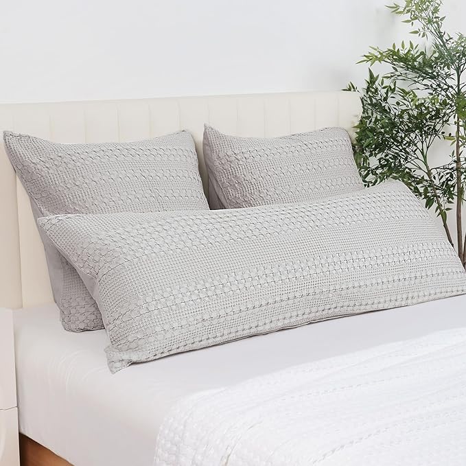 PHF 100% Cotton Waffle Body Pillowcase with Zipper, 1 Pack 20" x 54" Soft Skin-Friendly Pillow Sham, No Filling, Aesthetic Woven and Breathable Waffle Weave Body Pillow Cover for Bed, Light Grey