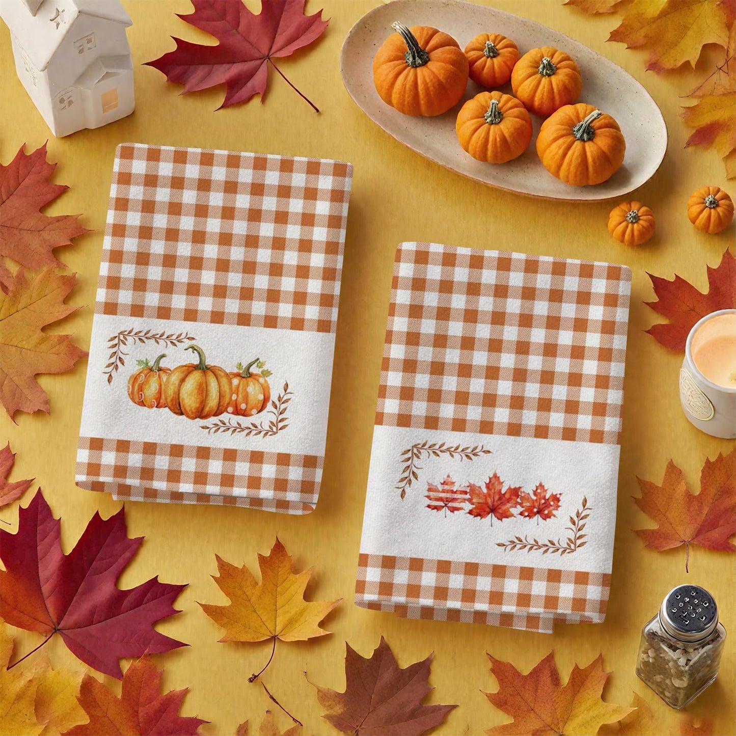 Fall Kitchen Towels Orange Pumpkin Maple Autumn Dish Towels Home Farmhouse Thanksgiving Kitchen Decor Set of 2, 18x26 Inch