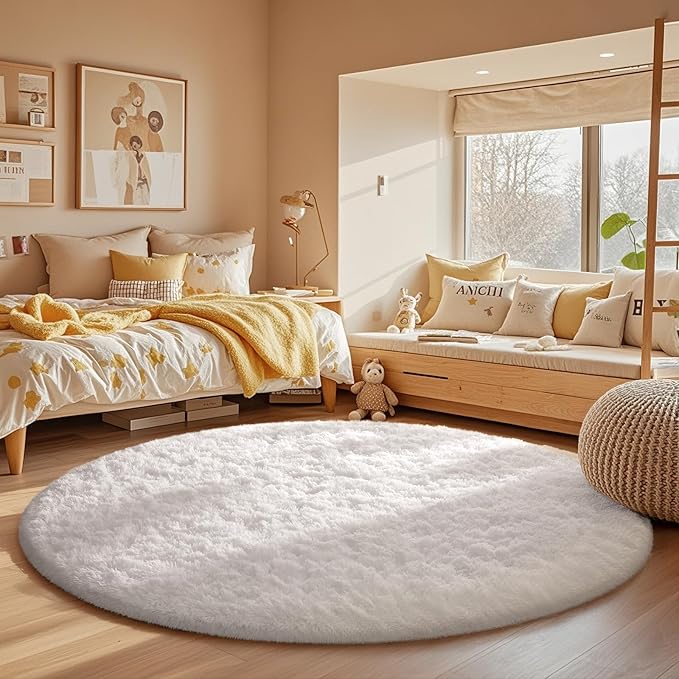 Ophanie Round Rug 5Ft White Circle Area Rug, Aesthetic Room Decor, Fluffy Fuzzy Bedroom Carpet, Plush Soft Shaggy Living Room Rugs for Kids Home Decor, Nursery