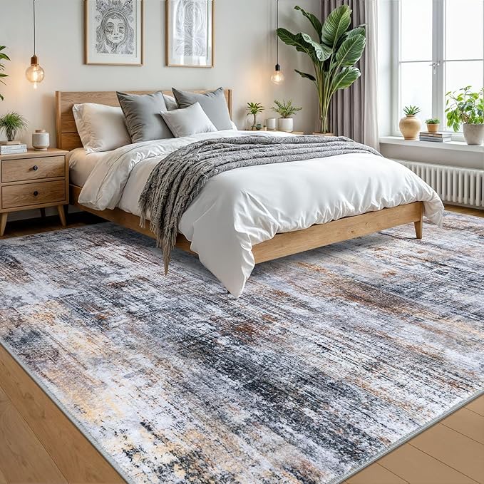 IOHOUZE Abstract Area Rugs 9x12 Ft Washable Large Rugs for Living Room, Non Slip Dining Room Rug, Printed Faux Wool Rugs for Bedroom, Floor Carpet for Office Nursery Playroom, Orange Grey