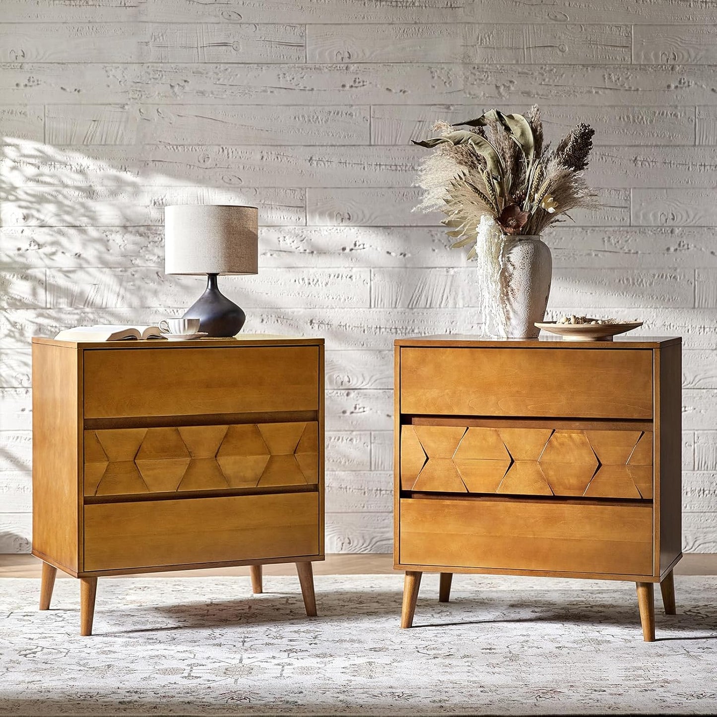 HULALA HOME 30" Wide Nightstands Set of 2, 3 Drawers Mid Century Modern Nightstand, Geometric Pattern Wood Bedside Table with Charging Station for Bedroom, Acorn