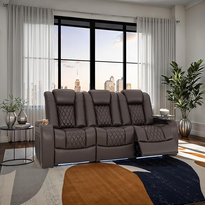 Seatcraft Diamante Zero-Gravity CoolZero Italian Leather Home Theater Seating, Power Headrest, Power Recline, Row of 3 Sofa, Brown