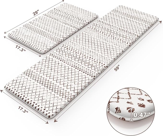 KIMODE Anti Fatigue Kitchen Mats 2PCS 17"x59"+17"x29", Cushioned Boho Kitchen Runner Rugs,Non Slip Waterproof Kitchen Mats for Floor,Comfort Standing Desk Mat for Home,Sink,Laundry,Brown and White