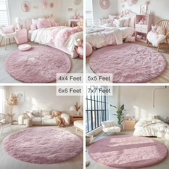 OLANLY Blush Round Rugs for Bedroom - Machine Washable, 4 ft Circle Area Rugs for Living Room, Soft and Fluffy Shaggy Carpet for Teen Girls and Boys, Nursery Rooms, Dorms, Home Decor Aesthetic