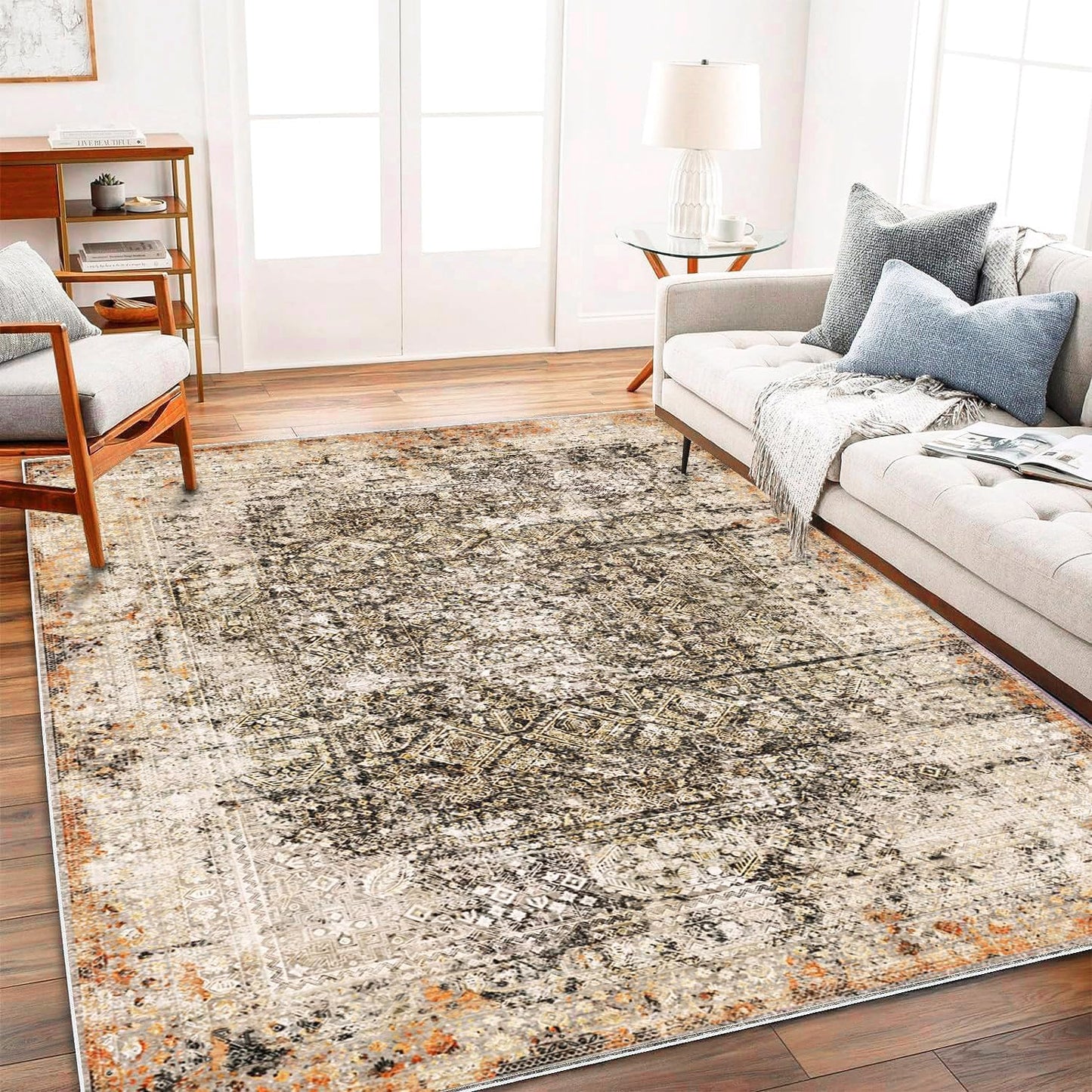 Area Rug 8'x10' Washable Vintage Traditional Mat Distressed Indoor Foldable Thin Retro Accent Floral Print Non Slip Carpet for Living Room Dining Room Office Large Carpet