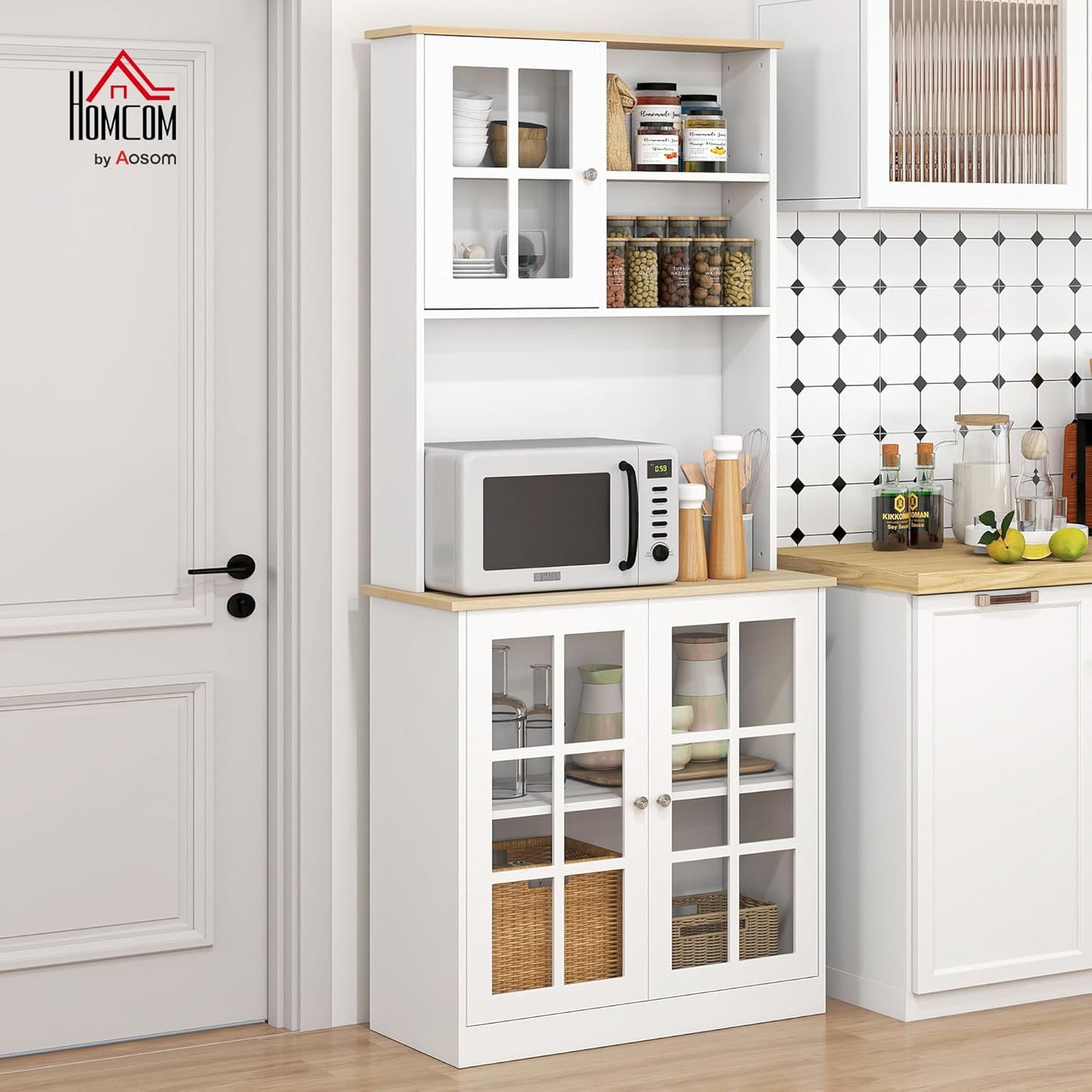 HOMCOM Kitchen Pantry Storage Cabinet, 72" Freestanding Cabinet with Hutch, Large Countertop, Glass Doors and Adjustable Shelves for Dining Room, Pure White