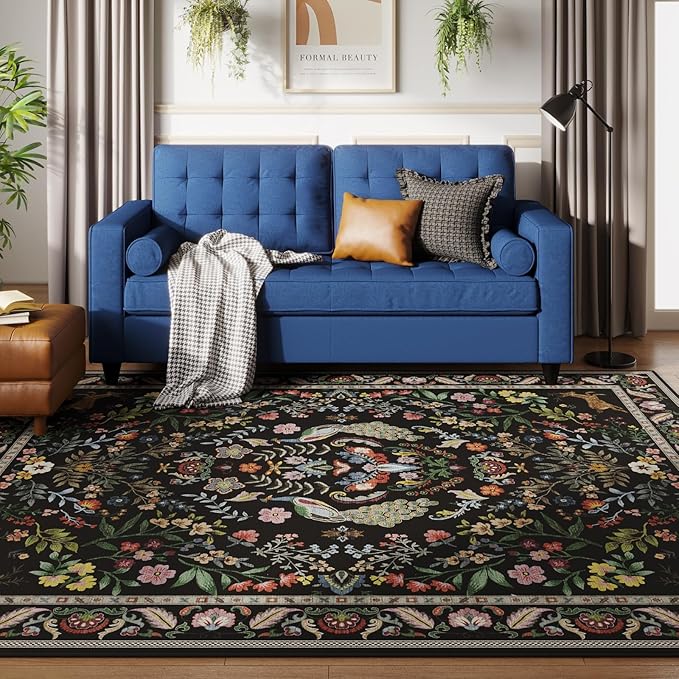 Living Room Rug 5x7 Rug Machine Washable Area Rug Floral Non-Slip Low Pile Large Rugs for Living Room, Bedroom, Farmhouse, Dining Room, Kids Playroom (Vibrant Black)