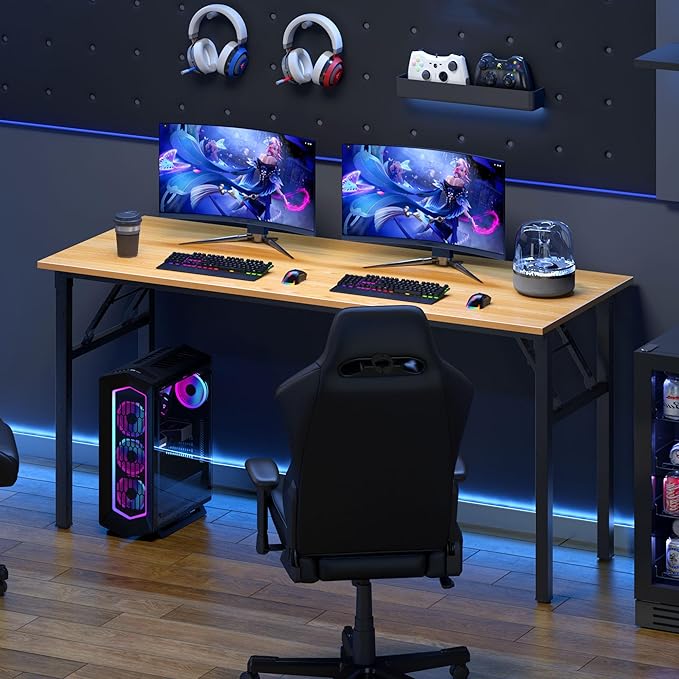 DlandHome Computer Desk, 59.8Inch Office Desk Computer Table, Study Writing Study Desk for Home Office, Teak and Black