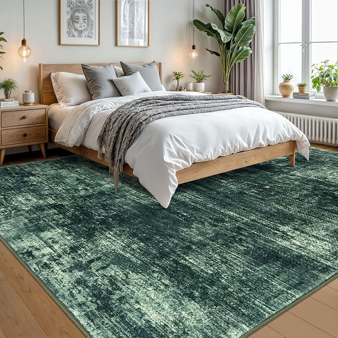 IOHOUZE Abstract Area Rugs 9x12 Ft Washable Large Rugs for Living Room, Non Slip Dining Room Rug, Printed Faux Wool Rugs for Bedroom, Floor Carpet for Office Nursery Playroom, Dark Green