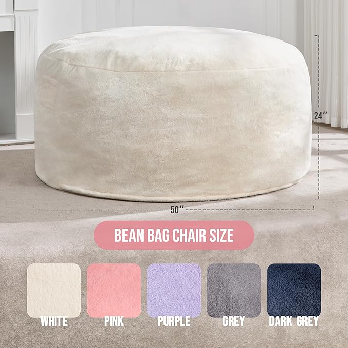 Hobestluk 5ft Bean Bag Chairs for Adults Large Beanbag Chair with Plush Faux Fur Cover Big Bean Bag Chair for Living Room Bedroom Dorm Office - White (50” x 50” x 24")