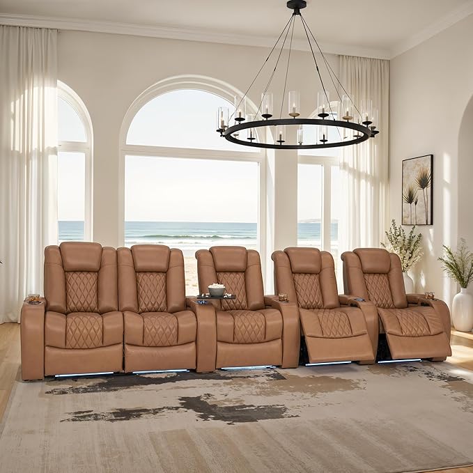 Seatcraft Diamante Zero-Gravity CoolZero Italian Leather Home Theater Seating, Power Headrest, Power Recline, Row of 5 Left Loveseat, Tan Oak