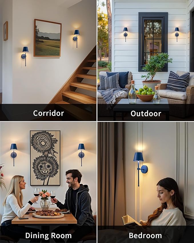 KDG Cordless Wall Sconces Set of 2, Wireless 5200mAh Rechargeable Battery LED Wall Lamps, Wall Lightings for Wall Painting, Outdoor, Garden, Living Room, Bedside, Hallway, Gifts, Night Light (Blue)