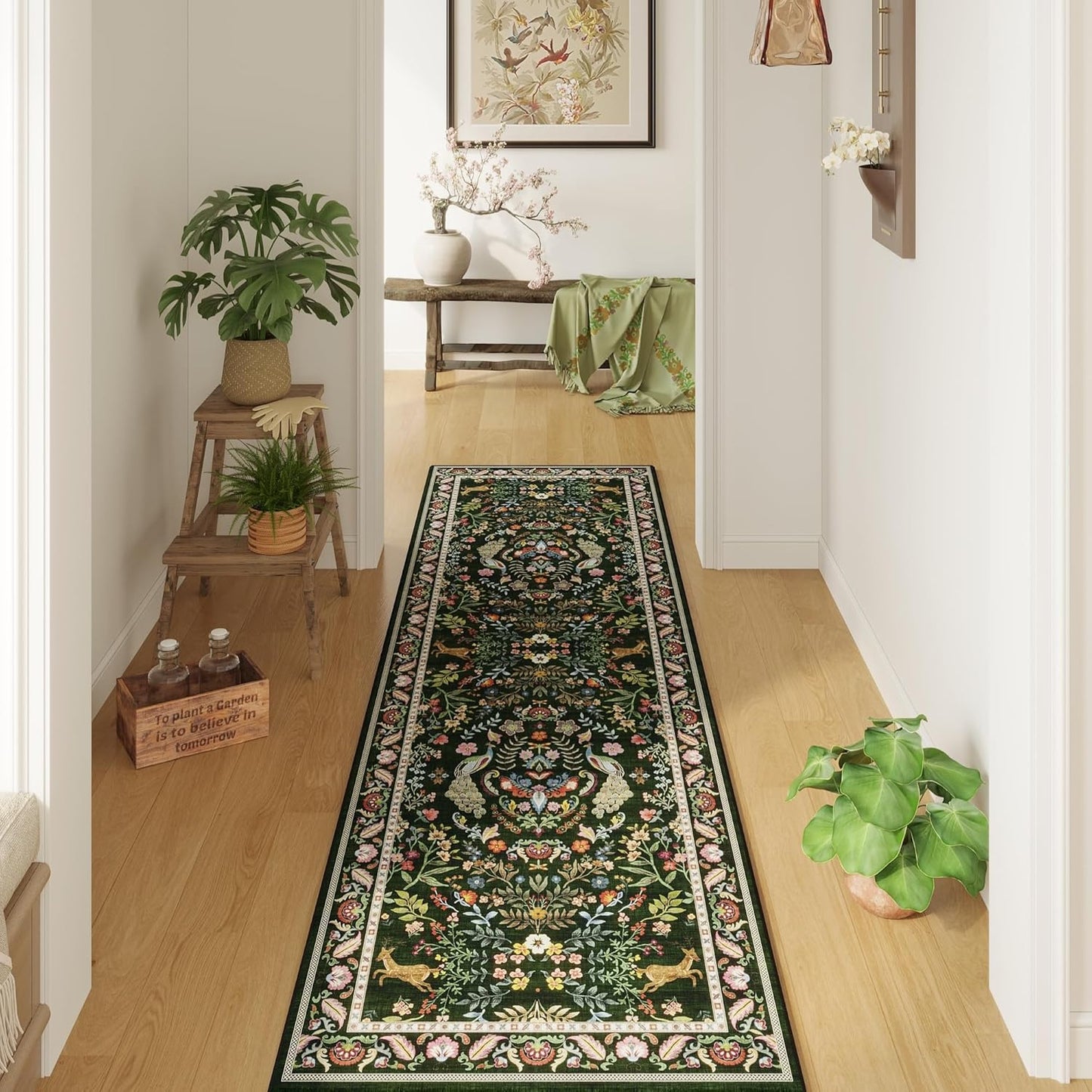 Runner Rug Washable Kitchen 2'x6' Floral Non-Slip for Entryway Indoor Soft Carpet Runner for Hallways, Kitchen, Laundry, Bedroom, Bathroom (Emerald Green)