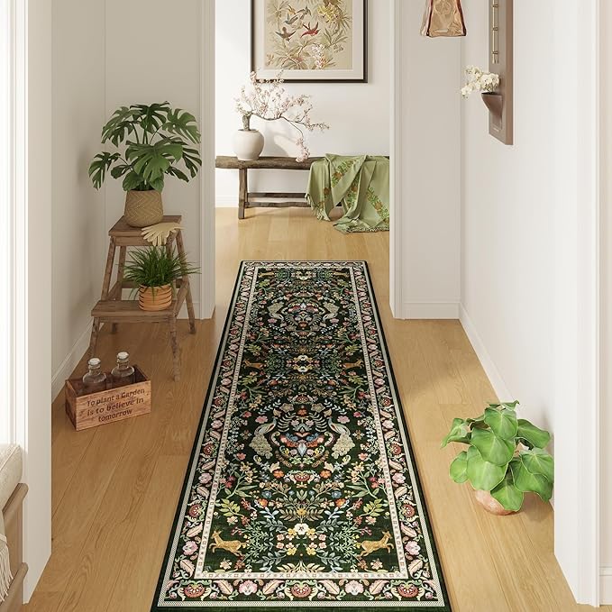 Runner Rug Washable Kitchen Runner 2'6''x8' Rug for Entryway Indoor Floral Non-Slip Soft Carpet for Hallways, Kitchen, Laundry, Bedroom, Bathroom (Emerald Green)