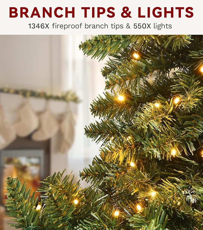 DWVO Prelit Christmas Tree 7.5ft, Atificial Christmas Tree with 550 LED Lights Includes Metal Stand, Xmax Trees Green Full Trees with 1450 Branches Tips, Metal Hinges Remote Control for Home Party