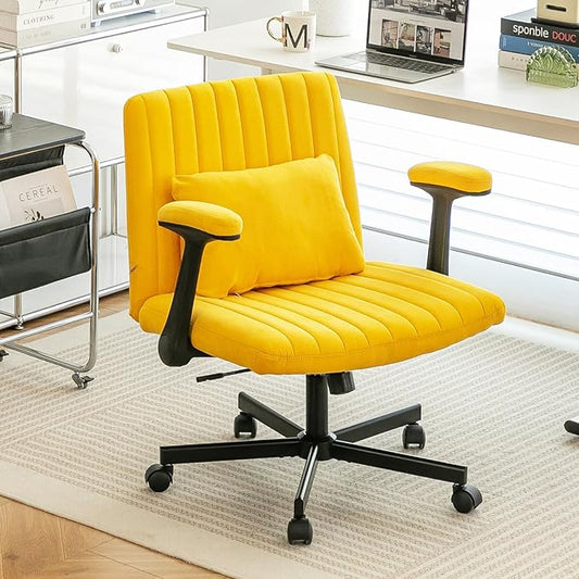 Furnimart Criss Cross Desk Char Wide Seat with Wheels and Arms, 360° Swivel Cross Legged Desk Chair Thick Cushion, Velvet Comfy Armless Home Office Chair for Bedroom, Vanity, Sturdy (Yellow)