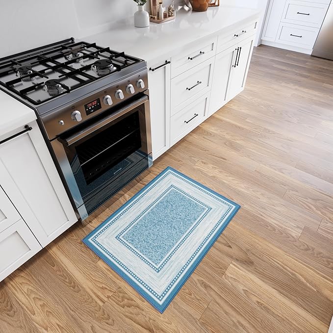 Ottomanson Rugs for Entryway 2'3" x 3' Non Slip Border Small Area Rugs Durable Front Door Mat Rug Stain Resistant Entrance Rugs for Bathroom Kitchen Bedroom & Living Room, Turquoise