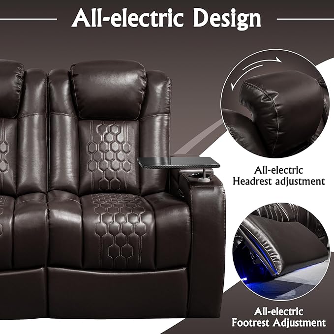 Home Theater Seating, Living Room, Powered Headrest, Powered Lumbar, Italian Leather, Powered Recline, Single Recliner (Coffee Color, Row of 4 Loveseat Right)