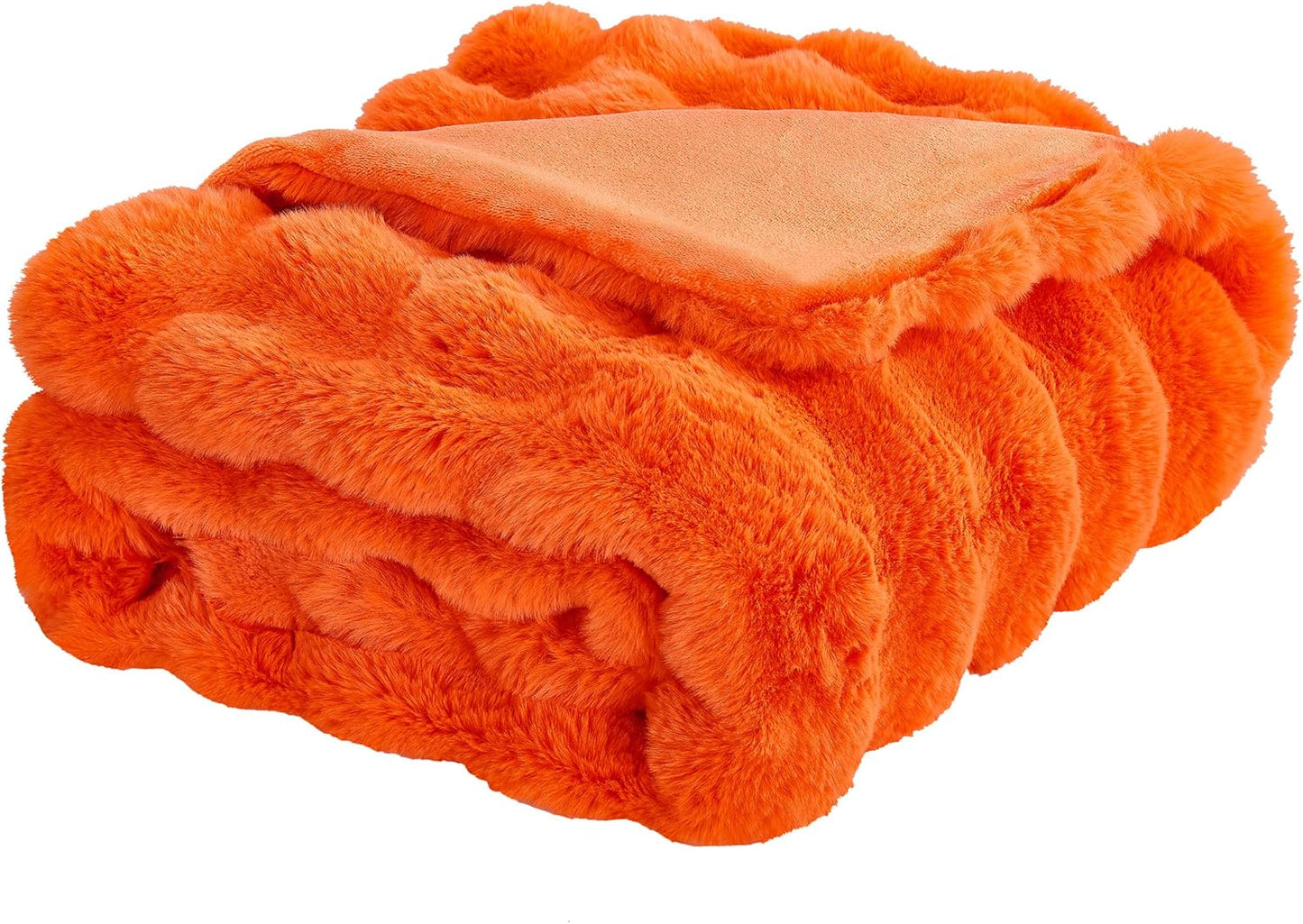 JONIYEAR Large Solid Fall Bubble Faux Rabbit Fur Bed Blanket Queen Size 80" x 90", Decorative Puffy Big Warm Fuzzy Blanket for Winter,Extra Thick Shaggy Cozy Comfy Fluffy Blankets for Adult Kid,Orange