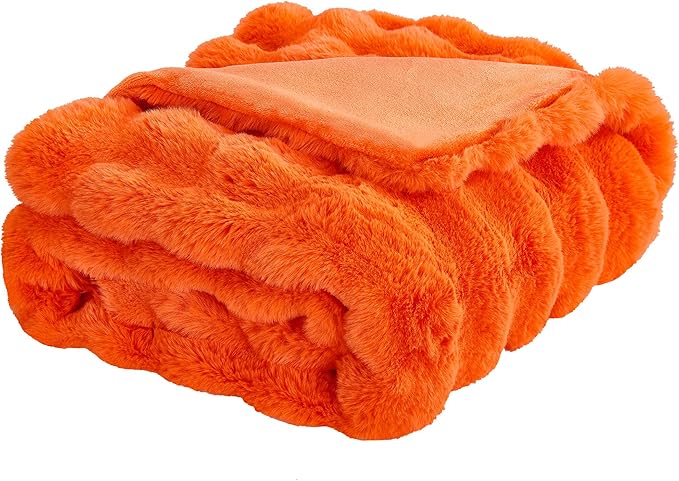JONIYEAR Solid Fall Bubble Faux Rabbit Fur Throw Blanket for Couch 50" x 60", Decorative Comfy Puffy Warm Fuzzy Blanket for Winter, Extra Thick Shaggy Cozy Comfy Fluffy Blankets for Adult Kids, Orange