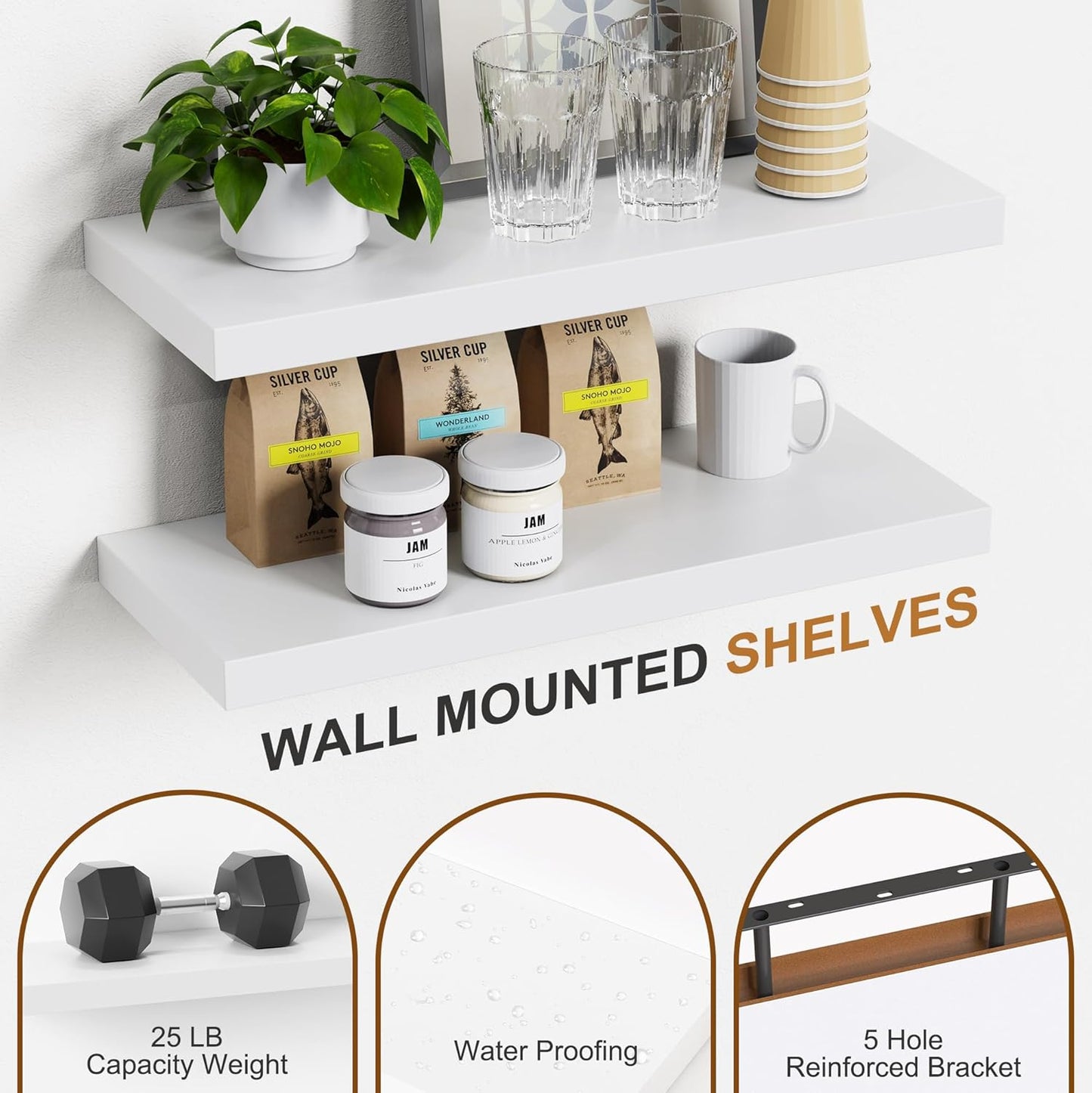 Bellsal Floating Shelves for Wall, White Engineered Wood Wall Shelf Set of 4, 16" Wall Mounted Floating Shelf for Kitchen, Living Room, Bedroom, Bathroom Storage, Book Shelf for Walls Home Decor