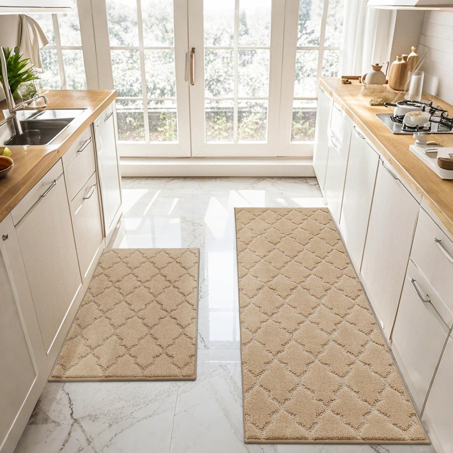 JSEI Kitchen Rugs, Non-Slip Kitchen Mats for Floor, Soft Washable Absorbent Kitchen Mats 2 Pieces, Kitchen Carpet Runner with TPR Backing, Polyester, 24”x36”+24”x60”, Beige