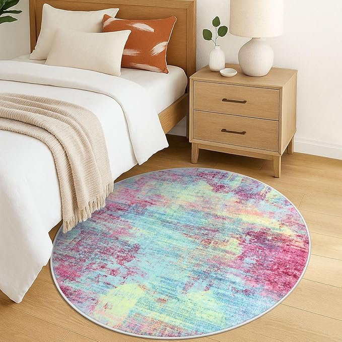 IOHOUZE Round Area Rug 5 Ft Circle Entryway Rugs Round Washable Door Mat Indoor Entrance, Non Slip Circle Front Door Rug, Printed Abstract Faux Wool Floor Carpet for Foyer Porch Sink, Pink Teal