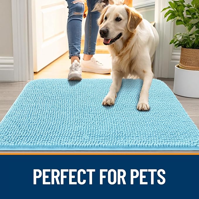 OLANLY Dog Door Mat for Muddy Paws 40x32, Absorbs Moisture and Dirt, Absorbent Non-Slip Washable Doormat, Quick Dry Chenille Mud Mat for Dogs, Entry Indoor Entryway Carpet for Inside Floor, Blue