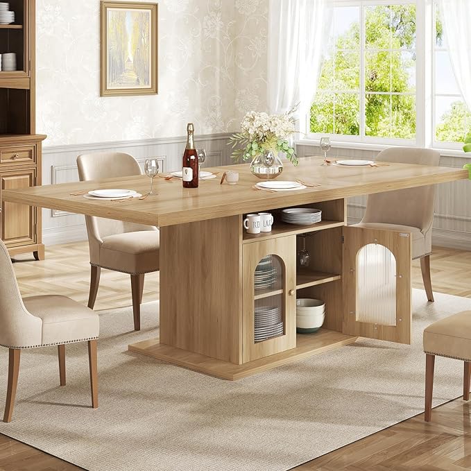 HSH Dining Table for 4–6, 63 Inch Wood Farmhouse Kitchen Table with 3-Tier Storage Shelf and Acrylic Door Cabinet, Rectangular Modern Dining Room Dinner Table for Apartment Home Small Space, Light Oak