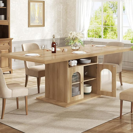 HSH Dining Table for 4–6, 63 Inch Wood Farmhouse Kitchen Table with 3-Tier Storage Shelf and Acrylic Door Cabinet, Rectangular Modern Dining Room Dinner Table for Apartment Home Small Space, Light Oak