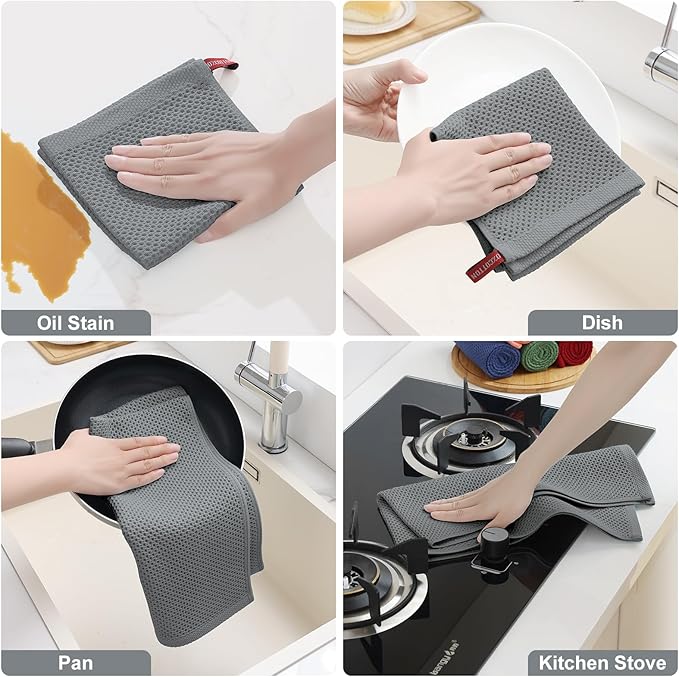 Homaxy 100% Cotton Kitchen Towels and Dishcloths Set, 12 x 12 Inches and 13 x 28 Inches, Set of 8 Bulk Kitchen Towels Set, Ultra Soft Absorbent Dish Cloths for Washing Dishes, Grey