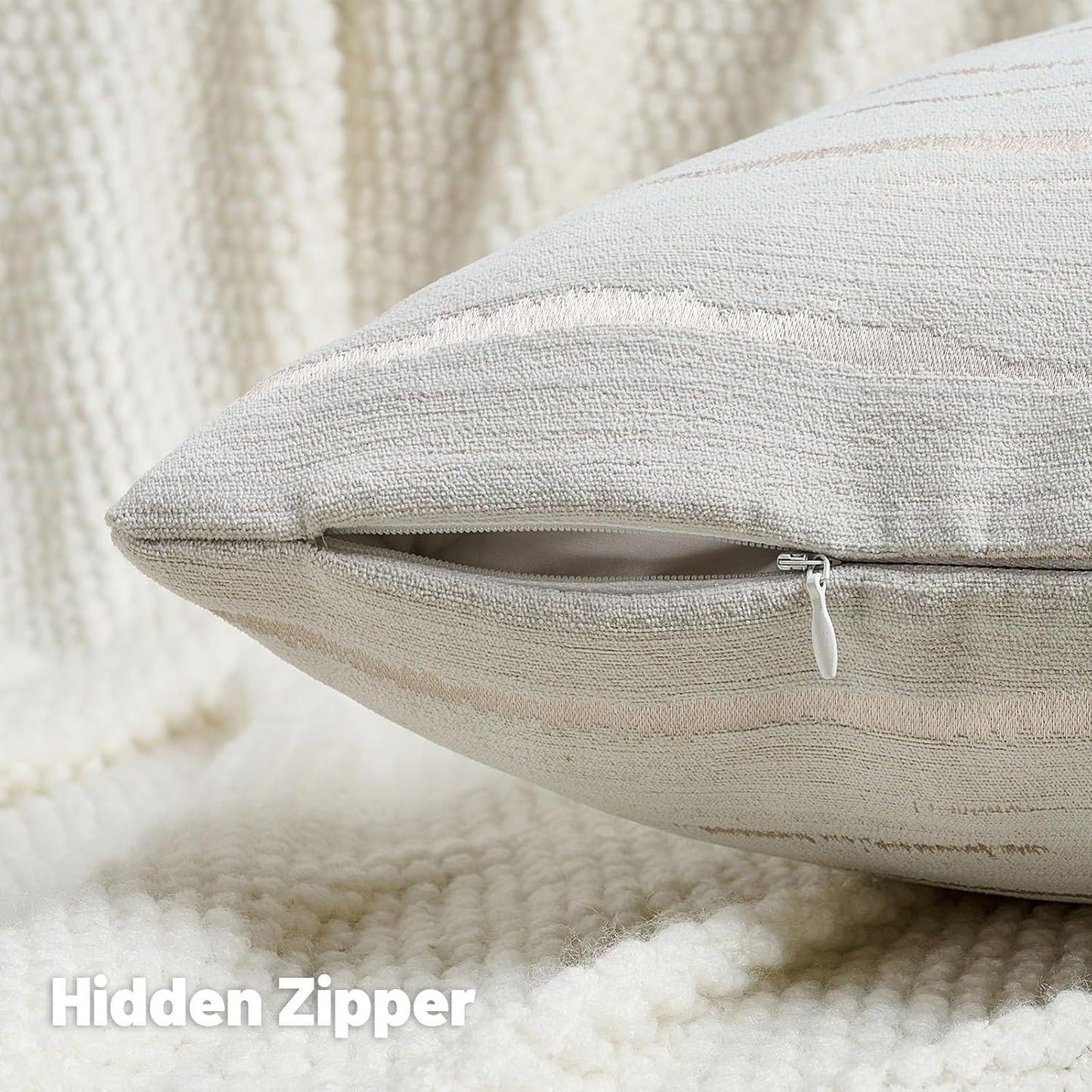 FUTEI Cream Chenille Decorative Throw Pillow Covers 24x24 Inch Set of 2,Soft Embossed Striped Textured European Cushion Case,Modern Home Decor for Couch Bed Living Room