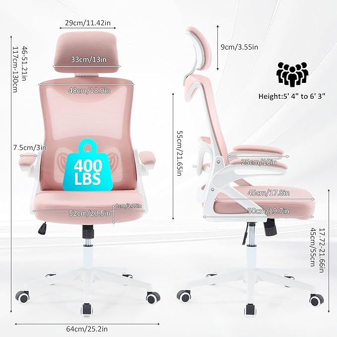 Fizzin Ergonomic Office Chair,Ergonomic Desk Chair with Headrest Pink Computer Chair with High Back Adjustable Lumbar Support, Rolling Swivel Chairs with Wheel Armrests for Home Office(Pink)