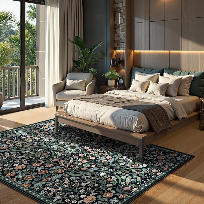 Lahome Floral Bedroom Rugs, 6x9 Black Area Rugs for Living Room, Boho Thin Stain Resistant Carpet for Dining Room, Washable Area Rug Non Slip for Guestroom