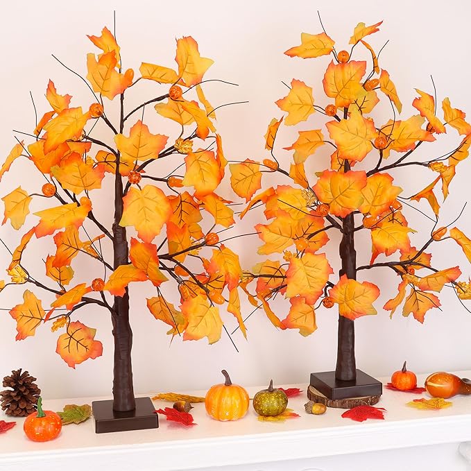 2 Pack 24 Inch Fall Maple Tree with 48LED Battery Operated Lighted Tabletop Artificial Tree with Pumpkin Acorn Maple Fall Centerpieces Indoor Fall Decorations for Home Office Thanksgiving Table Decor