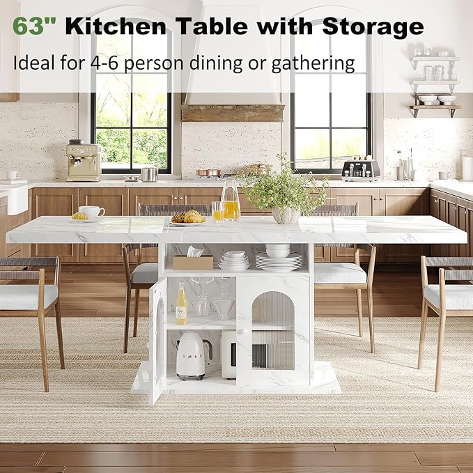 HSH Dining Table for 4–6, 63" Modern Kitchen Dining Room Table with Storage Shelves & Acrylic Door Cabinet,Wood Rectangle Dinner Table with Faux Marble Top for Home Apartment, White Faux Marble