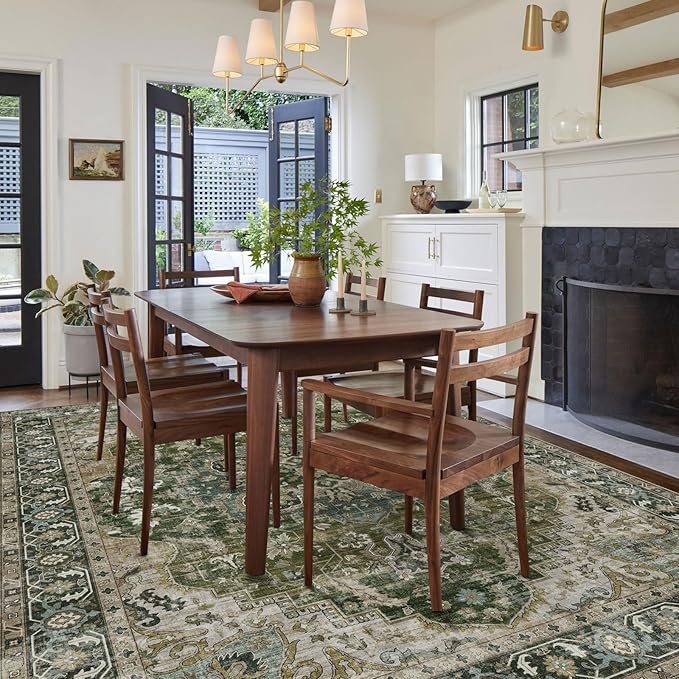 Washable Area Rug 8x10 - Large Moss Green Boho Rugs for Living Room Soft Vintage Bedroom Rug Ultra-Thin Distressed Oriental Carpet Stain Resistant Rug for Dining Room Guest Room Home Decor