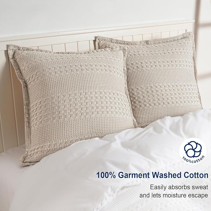 PHF 100% Cotton Ruffle Waffle Weave Euro Sham Covers, 2 Pack 26" x 26" Bed Pillow Covers for Elegant Home Decor, No Filling, Luxury Aesthetic Euro Pillow Cases for Bed, Oatmeal