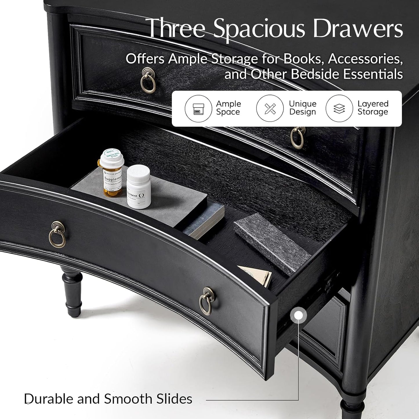 HULALA HOME 3 Drawer Nightstands Set of 2 with Charging Station, 26" Wide Nightstands with Solid Wood Legs and Curved Profile, Classic Bedside Tables for Living Room Bedroom, Black