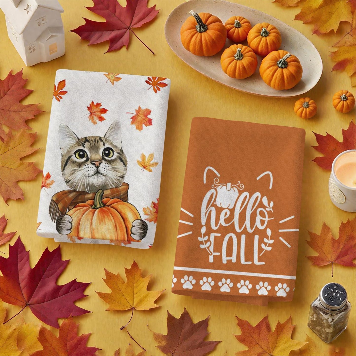 Fall Kitchen Towels Cat Pumpkin Maple Leaves Dish Towels Autumn Harvest Kitchen Decoration Hand Towels Set of 2, 18x26 Inch