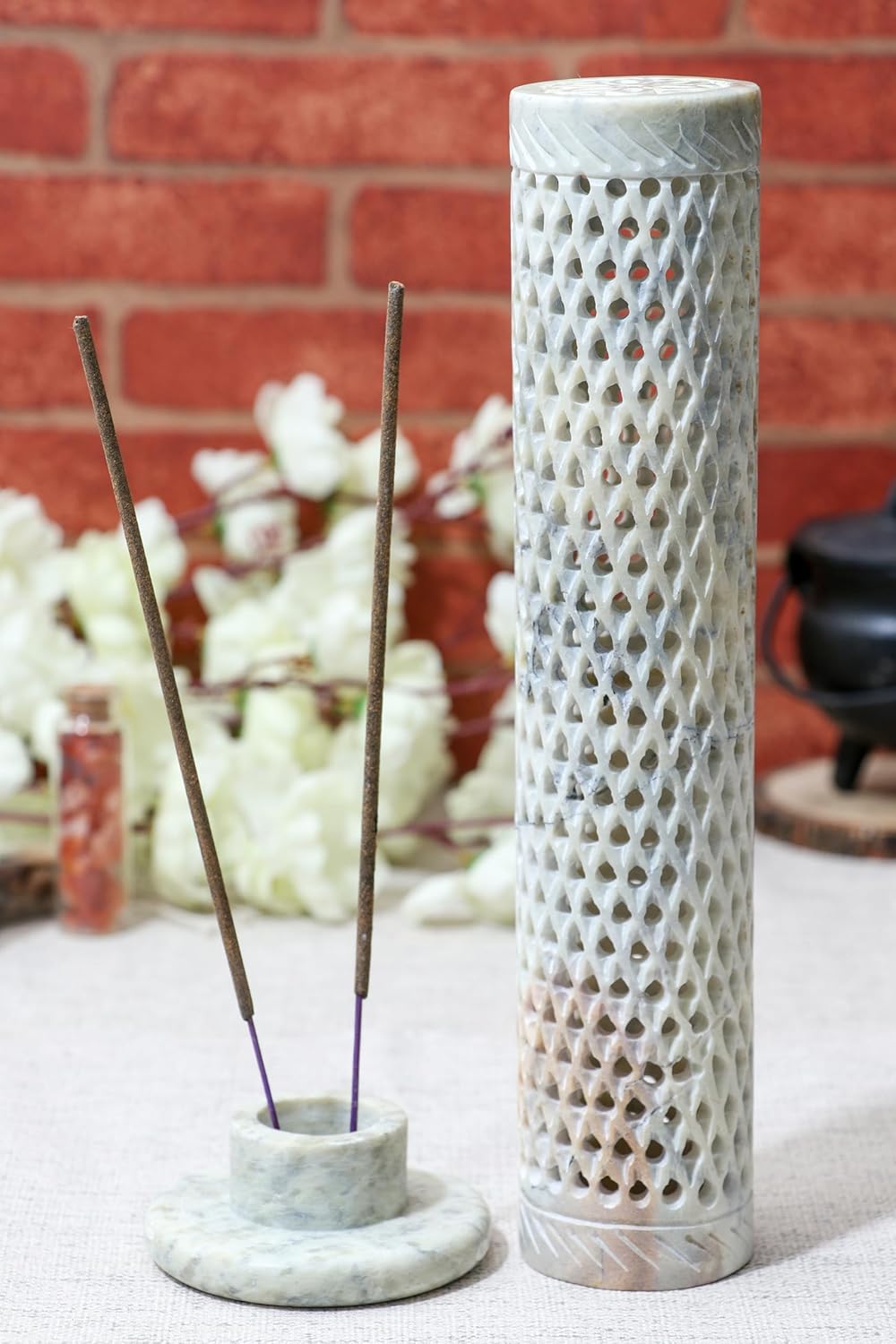 Crocon Handmade Blue Marble Soapstone Incense Stick Round Shape Elephant & Leaf Design Tower Burner | Tea Light Candle Holder | Decorative Home & Kitchen Best Gift Size - (2.7x2.7x10 Inch)