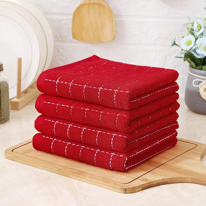 Homaxy 100% Cotton Terry Kitchen Towels(Red, 13 x 28 inches), Checkered Designed, Soft and Super Absorbent Dish Towels, 6 Pack