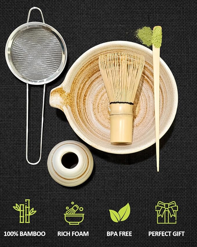 Matcha Whisk Set with Matcha Bowl, Matcha Whisk Holder Matcha Bamboo Whisks, Scoop, Sifter, Unique Gifts for Women Men Girl Friend Home Kitchen Decor Gifts for Tea Enthusiasts Christmas
