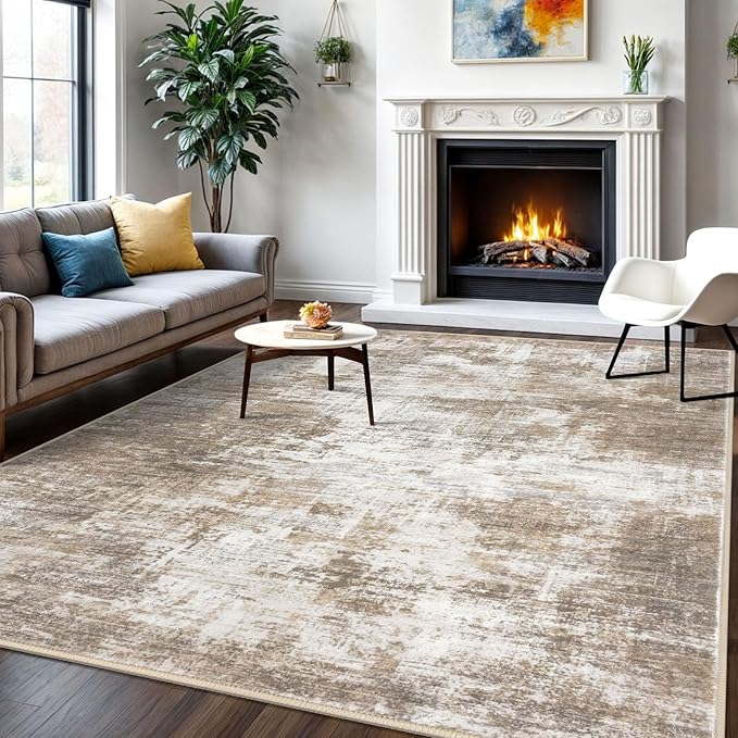 IOHOUZE Abstract Area Rugs 6x9 Ft Washable Rugs for Living Room, Non Slip Dining Room Rug Printed Faux Wool Rugs for Bedroom, Floor Carpet for Office Nursery Playroom, Beige Brown