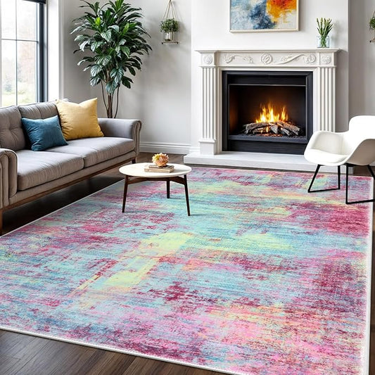 IOHOUZE Abstract Area Rugs 6x9 Ft Washable Rugs for Living Room, Non Slip Dining Room Rug, Printed Faux Wool Rugs for Bedroom, Floor Carpet for Office Nursery Playroom, Pink Teal