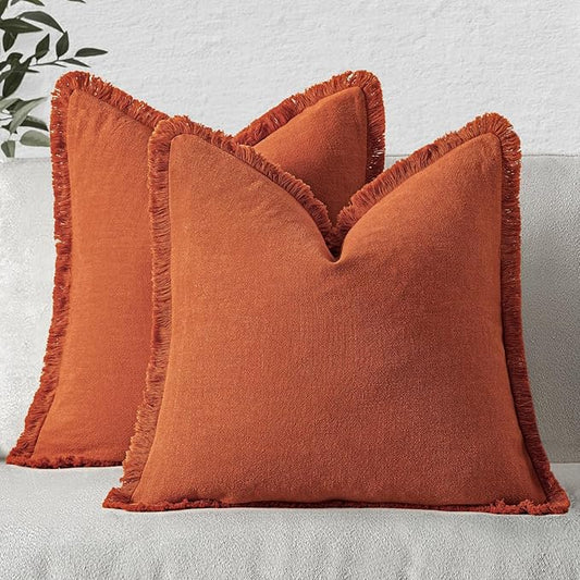 MIULEE Fall Decorative Throw Pillow Covers Neutral Linen Fringe Throw Pillows Set of 2 Burnt Orange Boho Farmhouse Cushion Covers with Tassels for Couch Sofa Bed Living Room Home Decor 24x24 Inch