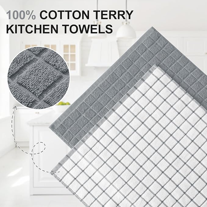 Homaxy Premium Cotton Kitchen Towels 16"x 28", Large Natural Ring Spun 390 GSM Dish Towels, Super Absorbent Terry Kitchen Hand Towels, Soft Tea Towel with Hanging Loop, Grey Check Design, 6 Pack