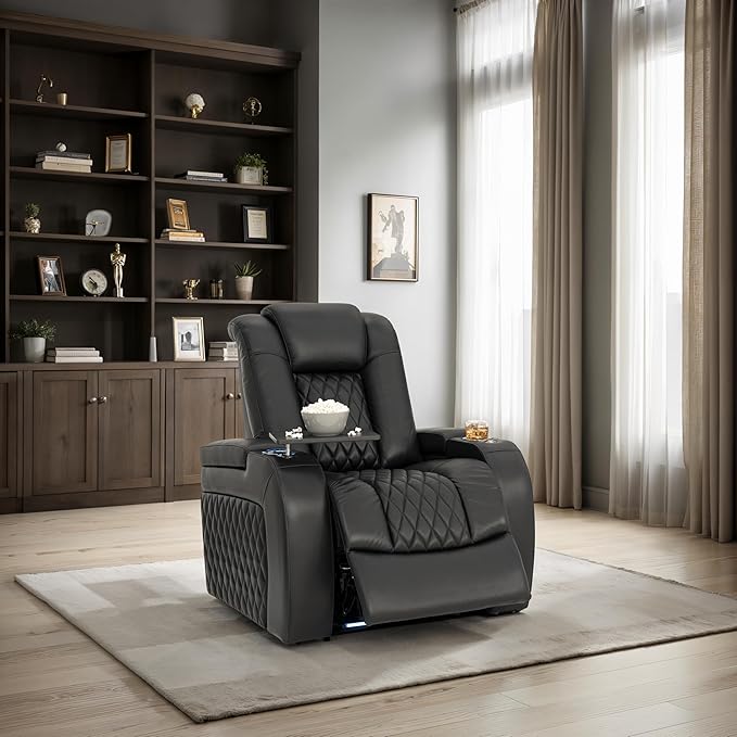 Seatcraft Diamante Zero-Gravity CoolZero Italian Leather Home Theater Seating, Power Headrest, Power Recline, Single Recliner, Black