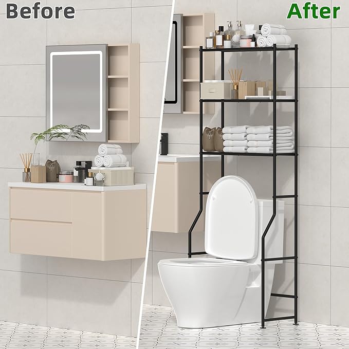3-Tier Over The Toilet Storage, Freestanding Metal Bathroom Shelves, Space Saver Above The Over Toilet Storage Shelf for Bathroom, Black